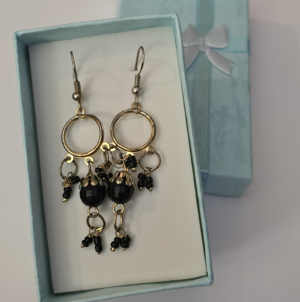 Black Beaded Fringe Gold Tone Wire Hoop Dangle Chandelier Earrings Pierced